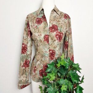 Coldwater Creek Blazer Rustic Floral Zip Front Flip Cuff Fitted Career Blazer